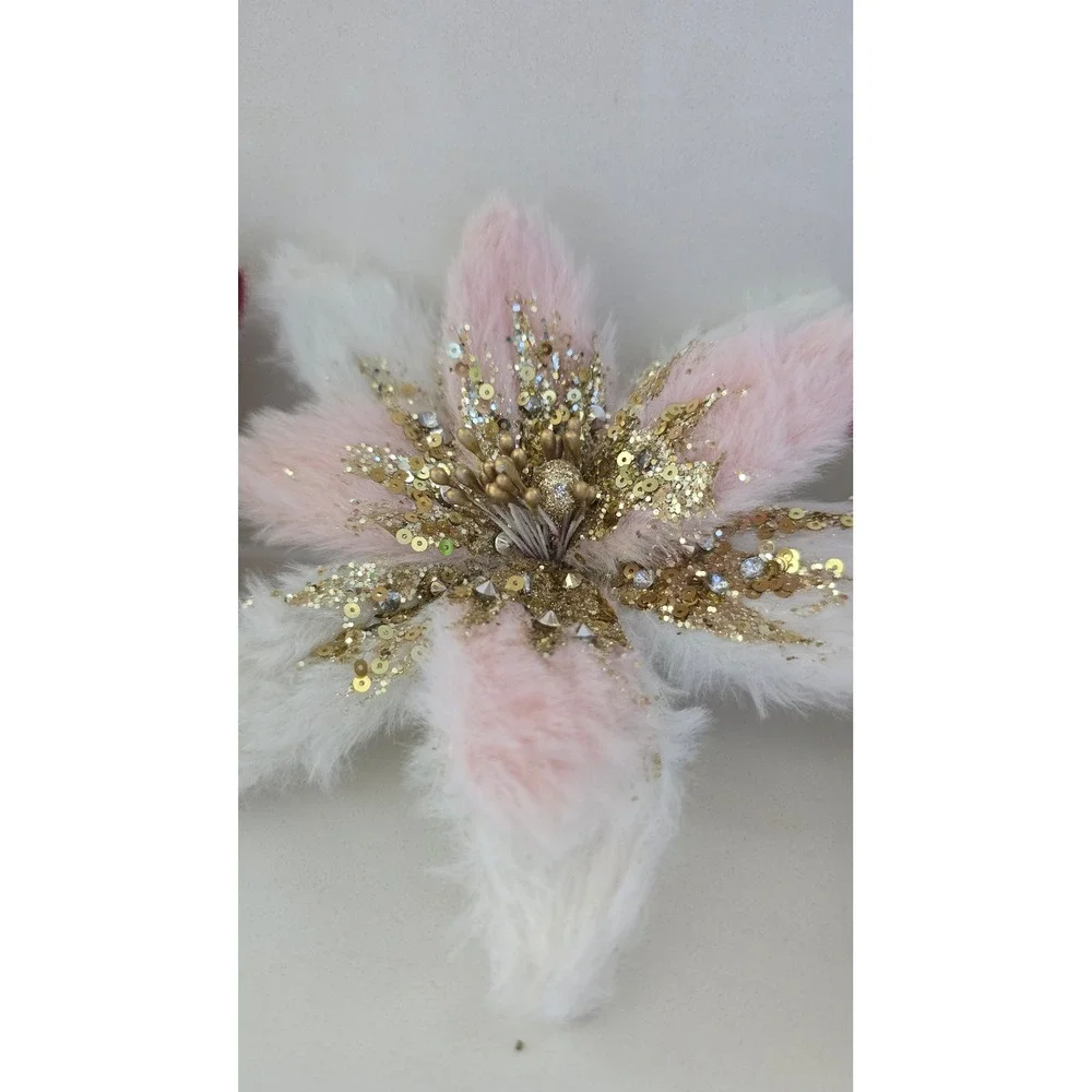 New Creative Co-Op Faux Fur Poinsettia Clip-on Ornaments Set of 3 Gold Pink